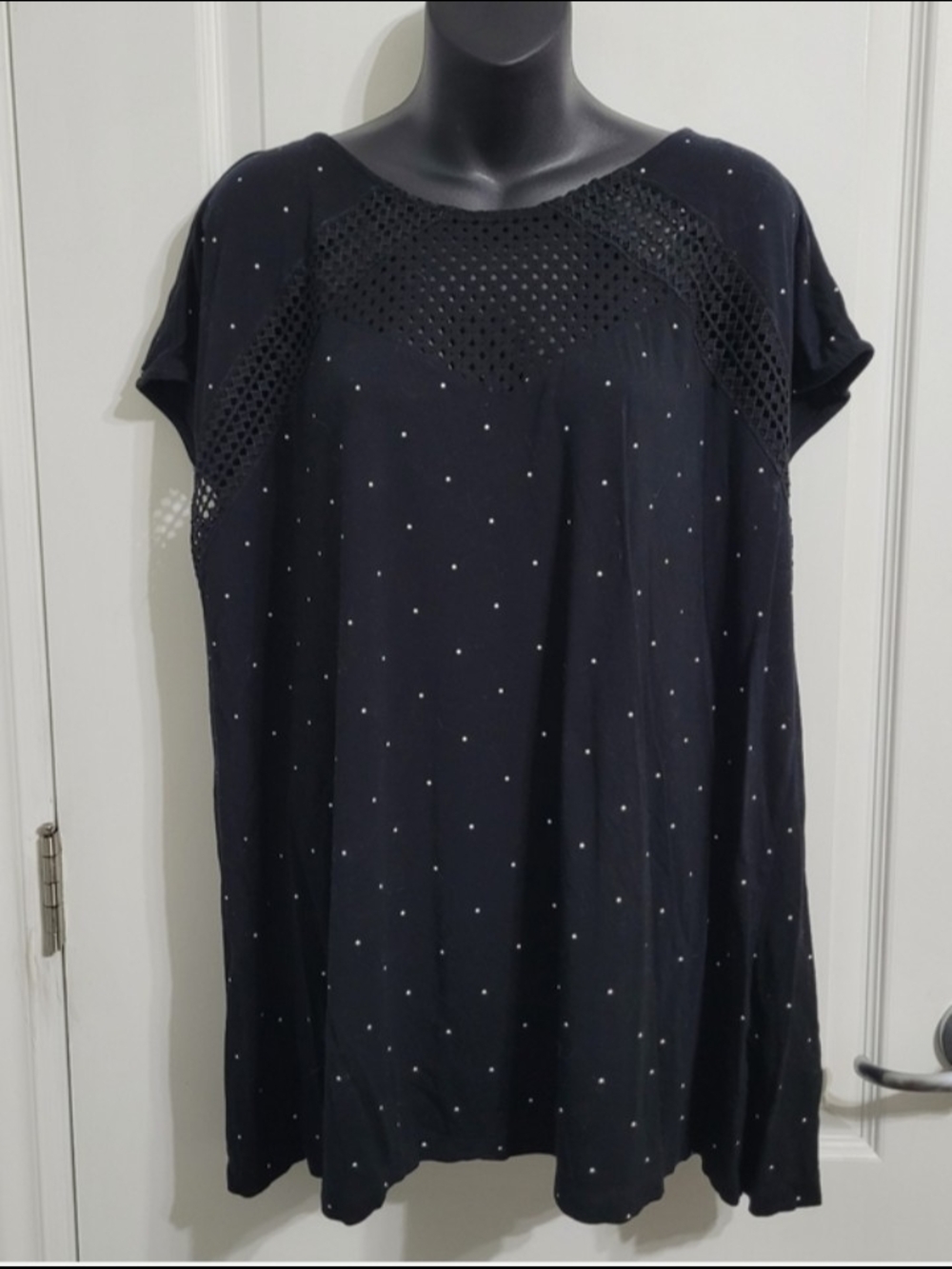 Black Dot-Print Short Sleeve Crochet Yoke Top